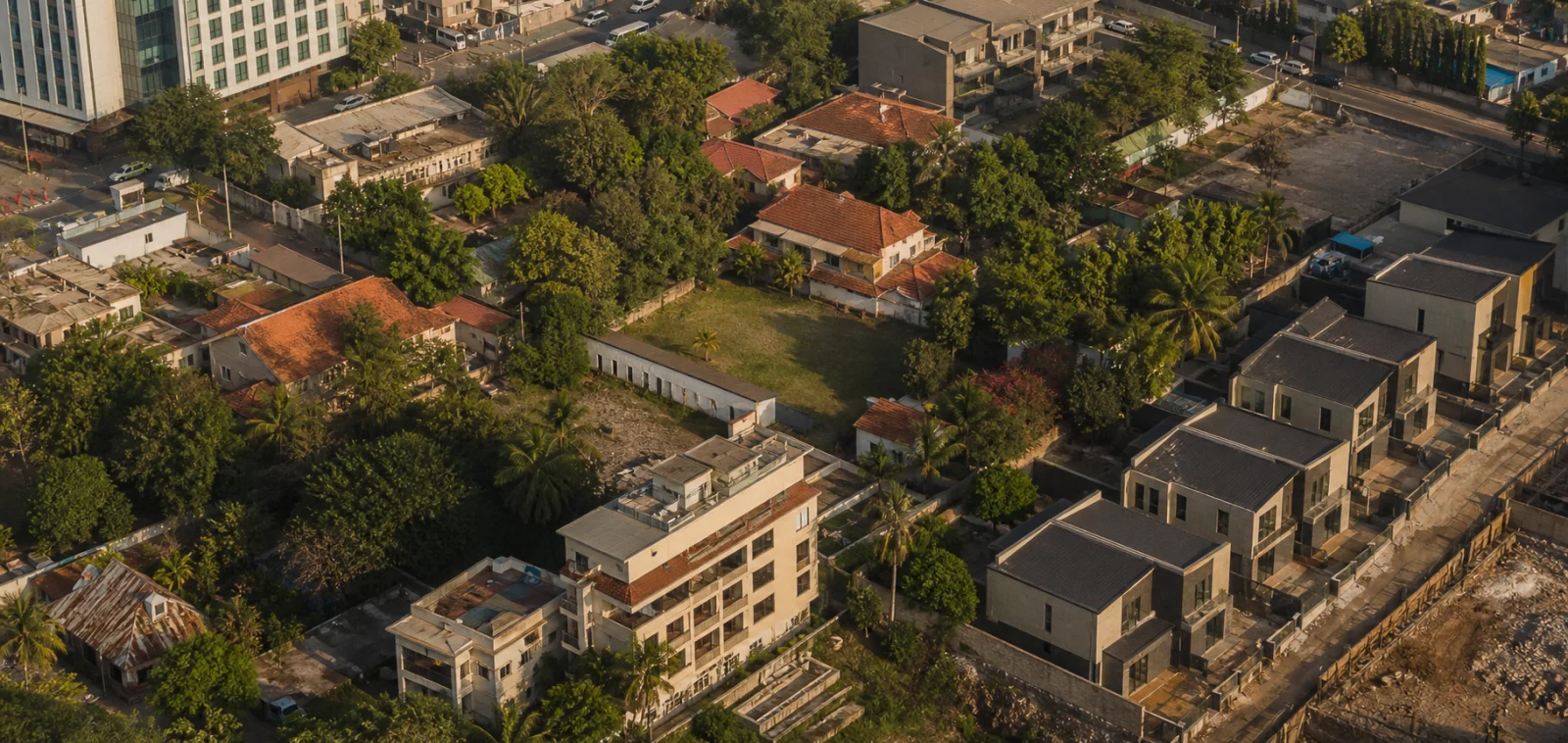 An aerial view of adjoining urban parcels and new development
