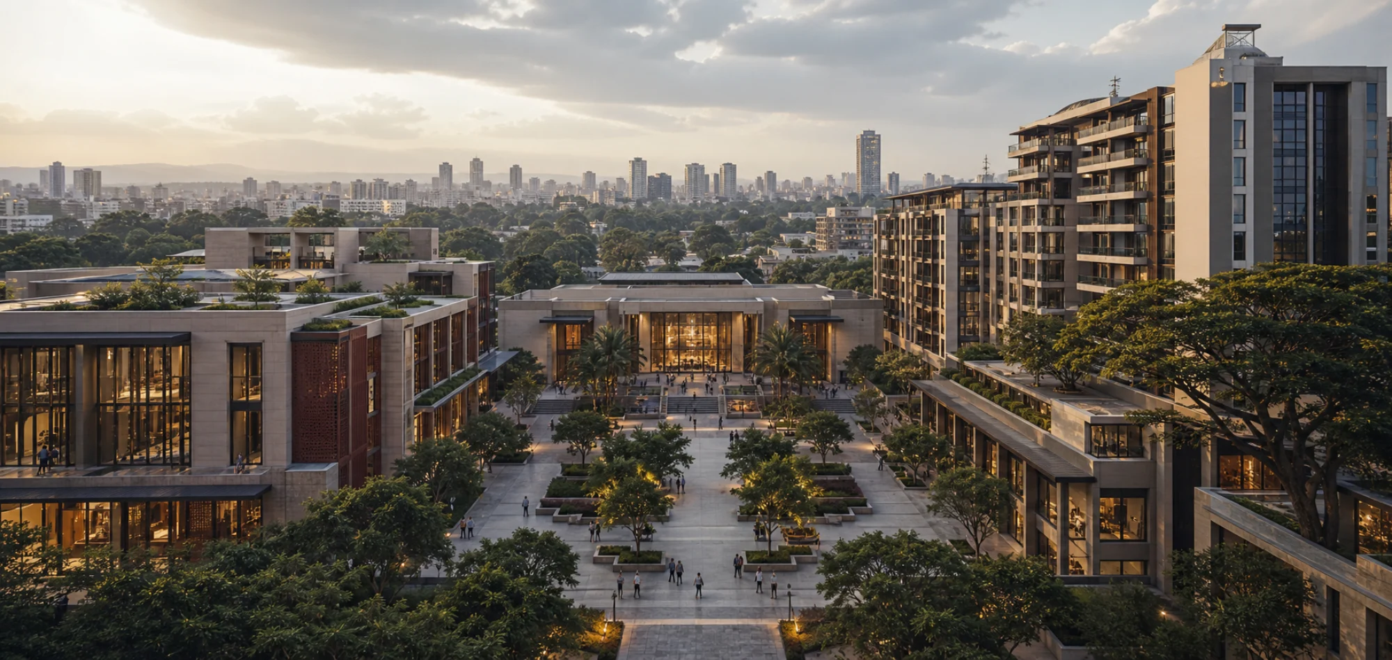 A large mixed-use precinct arranged around a landscaped civic courtyard