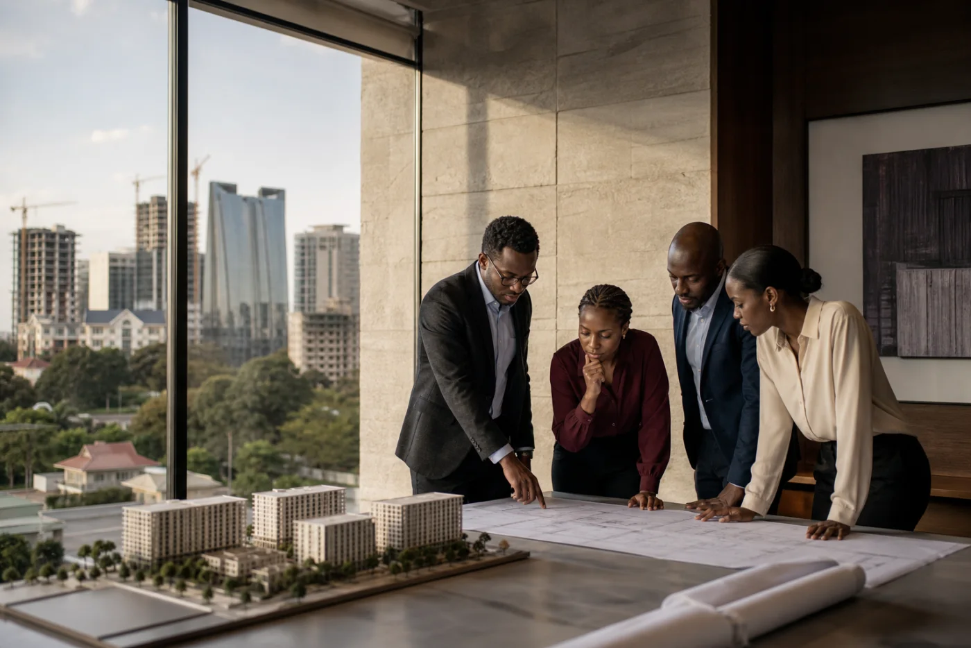 A real-estate team reviewing development plans and a site model