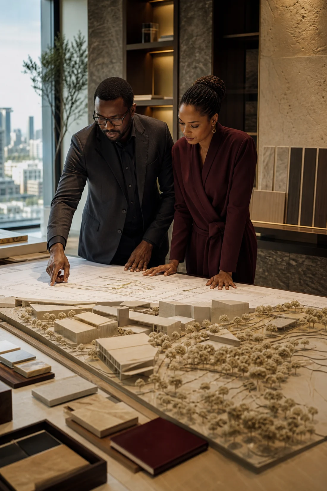 Real-estate principals reviewing a masterplan model and site drawings