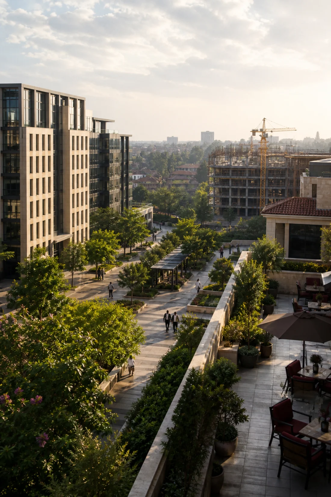 A landscaped mixed-use district connecting established buildings and new development